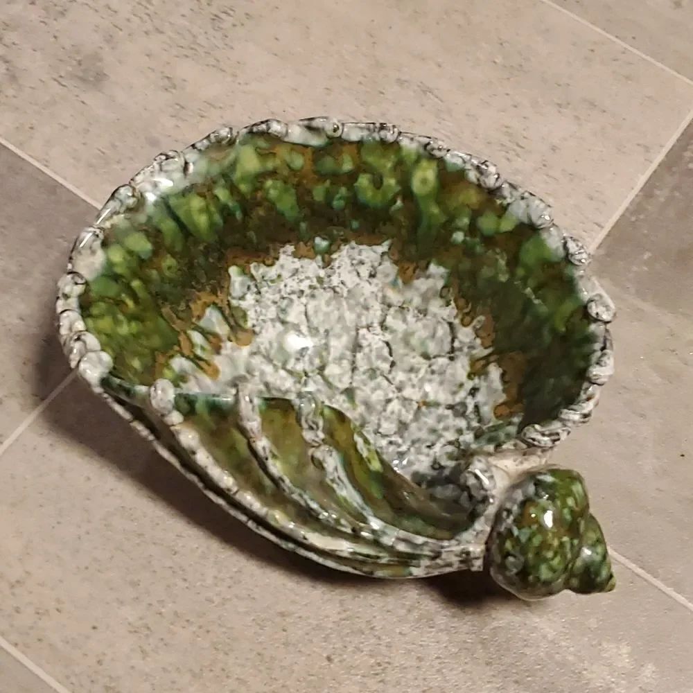 Vintage Signed & Numbered Green Ceramic Shell